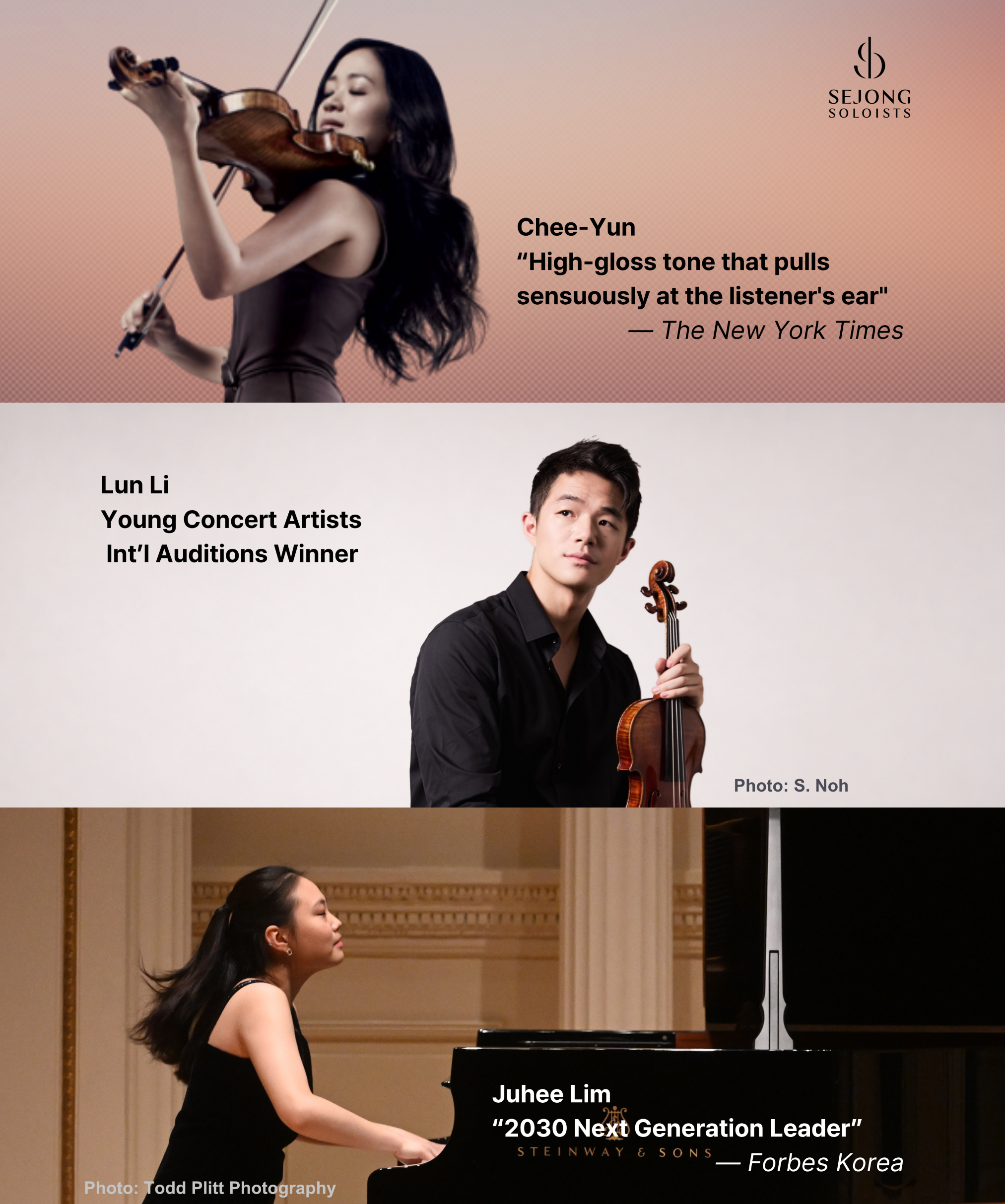 Sejong Soloists Chamber Music Series Hosted by Violinist Chee-Yun with Lun Li, Violin and Juhee Lim, Piano